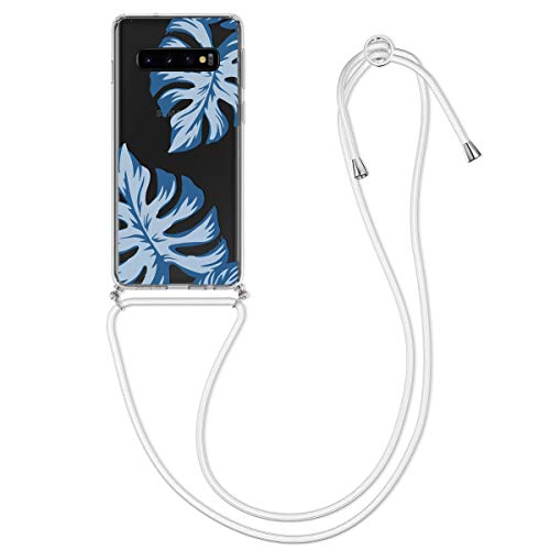 kwmobile Crossbody Case Compatible with Samsung Galaxy S10 Case Strap – Tropical Leaves Light Blue/Dark Blue/Transparent