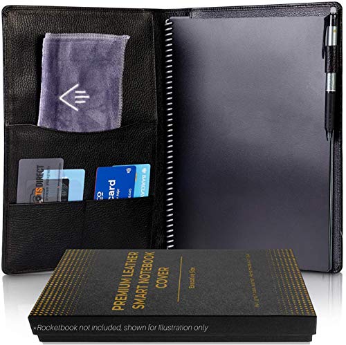 Genuine Leather Folio Cover Compatible with Rocketbook Everlast, Fusion, Panda | Letter Size Portfolio Organizer with Pen Loop Multiple Pockets | Fits Letter Size Notebook 8.5 x 11 inch | Black