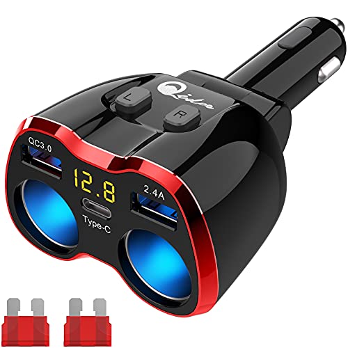 Cigarette Lighter Splitter QC 3.0, 2-Socket USB C Car Charger Adapter Type C Multi Power Outlet 12V/24V 80W DC with LED Voltmeter Switch Dual USB Port for iPhone GPS Dashcam iPad Android Samsung