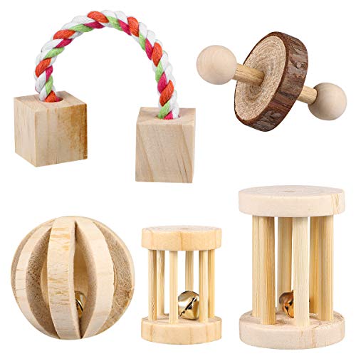 POPETPOP 5PCS Hamster Chew Toys Natural Wooden Play Toy Exercise Bell Roller Teeth Care Molar Toy for Bunny Rabbits Rats Gerbils and Other Small Animals