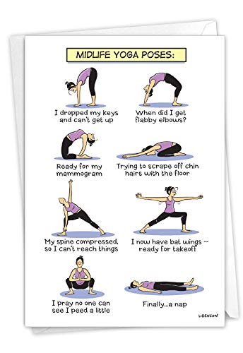 NobleWorks – 1 Funny Women’s Birthday Card with Envelope – Cartoon Humor, Stationery Bday Celebration Card for Wife, Women – Midlife Yoga Poses C7312BDG