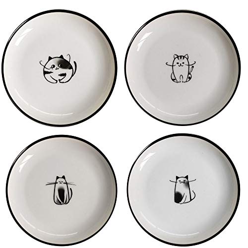 Cat Ceramic Side Sauce Dishes Seasoning Dish, Sushi Soy Dipping dish,Cookie Serving Dishes,Meow Porcelain Small Tea Bag Holder Set of 4 (Cat)
