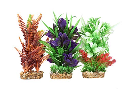 CNZ® 3 Pcs Assorted Lifelike Aquarium Plastic Plant Decoration with Gravel Base, 8-inch