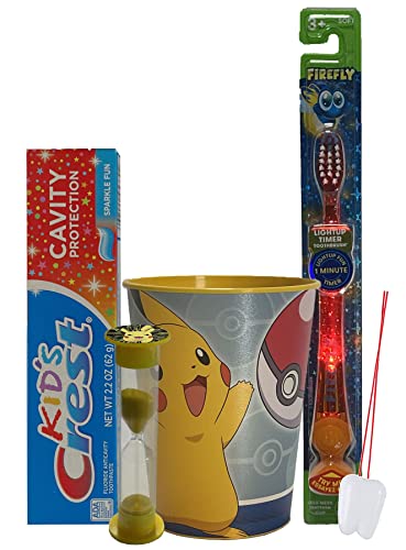 Pikachu 4pc Bright Smile Oral Hygiene Bundle! Light Up Toothbrush, Toothpaste, Brushing Timer, Mouthwash Rise Cup & Stickers.! Plus Dental Gift Bag &”Remember to Brush” Visual Aid!