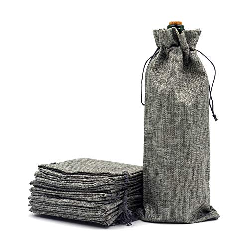 Bezall 10Pcs Burlap Wine Bag, Reusable Linen Wine Gift Bags for Liquor Bottles with Drawstring, Champagne Bags for Wine Tasting, Christmas, Wedding, Housewarming, Birthday, Holiday Party (Grey)