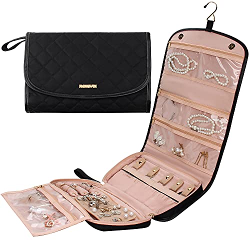 Travel Jewelry Organizer Roll with Zipper Pockets Large Hanging Jewelry Roll Bag Case for Rings, Earrings, Necklaces, Bracelets, Brooches, Waterpoof Bag with Separate Compartments (Large, Black)