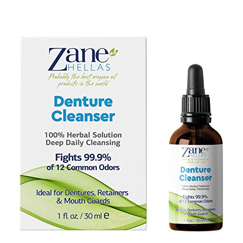 Zane Hellas Denture Cleaner. Oregano Oil Power. Ideal for Dentures, Retainers, Braces, Mouth Guards. Helps Remove Plaque, Tartar, Stains and Bad Odor. 100% Herbal Solution. 1 fl.oz.-30ml.
