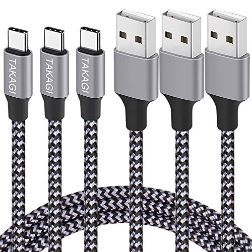 TAKAGI USB Type C Cable 3A Fast Charging, (3-Pack 6feet) USB-A to USB-C Nylon Braided Data Sync Transfer Cord Compatible with Galaxy S10 S10E S9 S8 S20 Plus, Note 10 9 8 and Other USB C Charger
