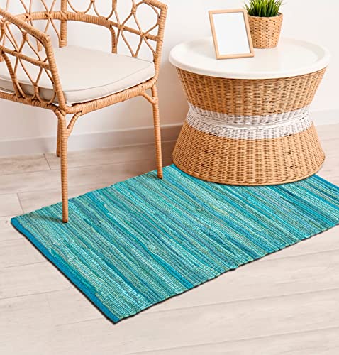 100% Cotton Rag Rug 2×3′ – Multicolor Chindi Rug – Hand Woven & Reversible for Living Room Kitchen Entryway Rug – Teal,Kitchen Rugs, Farmhouse Rugs, Rugs for Living & Bedroom,Woven Rugs