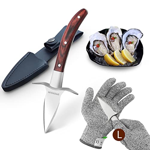 SPEENSUN Oyster Shucking Knife,Oyster Knife,Sturdy Sharpness Oyster Shucking Kit With Comfort Wood-handle,Oyster Knife And Glove Set With 5-leve Protection Food Grade Cut-resistant Glove (L)