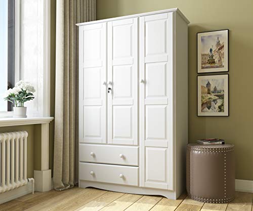 Palace Imports 100% Solid Wood Grand Wardrobe/Armoire/Closet, White, 46″ W x 72″ H x 21″ D. 4 Small Shelves, 1 Clothing Rod, 2 Drawers, 1 Lock Included. Additional Large Shelves Sold Separately.