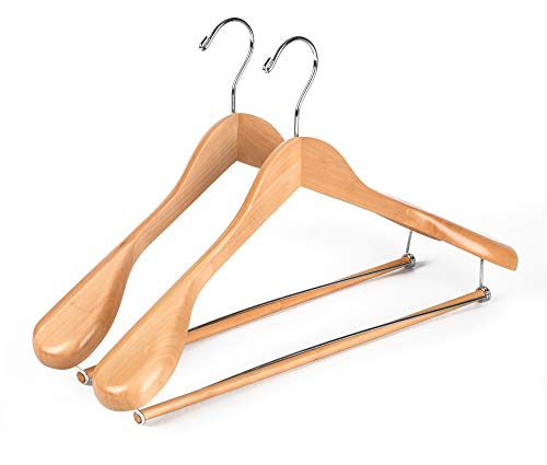 Luxury Wide Shoulder Wooden Hangers 2 Pack, with Locking Bar, Smooth Natural Finish Wood Suit Hanger Coat Hanger for Closet, Holds Upto 20lbs, 360° Swivel Hook, for Jacket, Dress Heavy Clothes Hangers