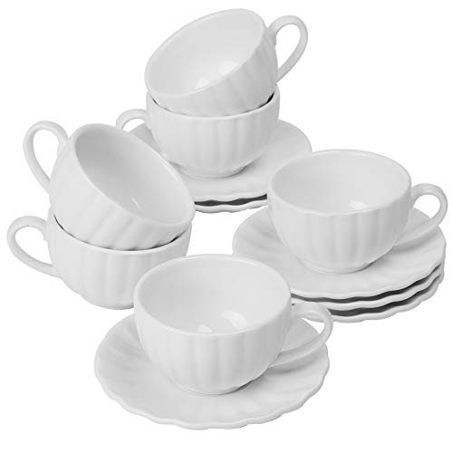 amhomel Tea Cups and Saucers Set of 6, Porcelain Espresso Cups, 4 Oz Cappuccino Cups for Specialty Coffee Drinks, Cappuccino, Cafe Mocha, Espresso and Tea-Pumpkin Design, White