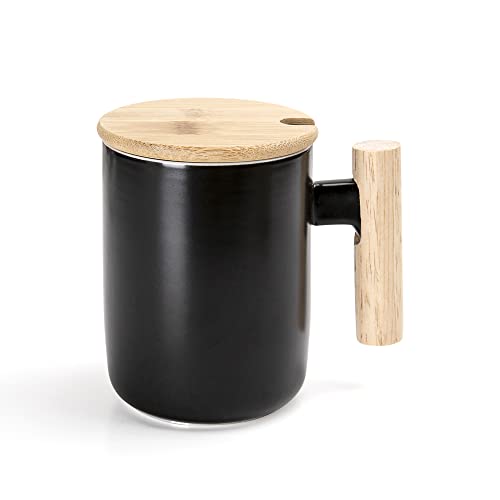 Kript Flat Bottom Ceramic Mug with Aluminum Plate, Wooden Handle and lid for USB Coffee Cup Warmer or Beverage Warmer Maximum Capacity 13.5oz (black)
