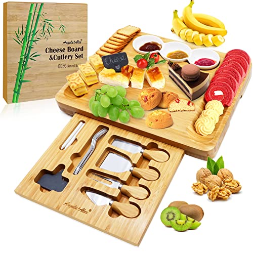 Angela&Alex Cheese Board and Knife Set, Bamboo Charcuterie Platter & Serving Tray Christmas Gifts for Cheese, Wine, Crackers, Brie and Meat Large & Thick Wooden Fancy Christmas Wedding Birthday Gifts