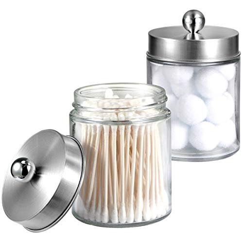 Apothecary Jars Bathroom Vanity Organizer -Countertop Canister Jar with Storage Lid – Qtip Dispenser Holder Glass for Qtips,Cotton Swabs,Makeup Sponges,Hair Band – Brushed Nickel (2 Pack)