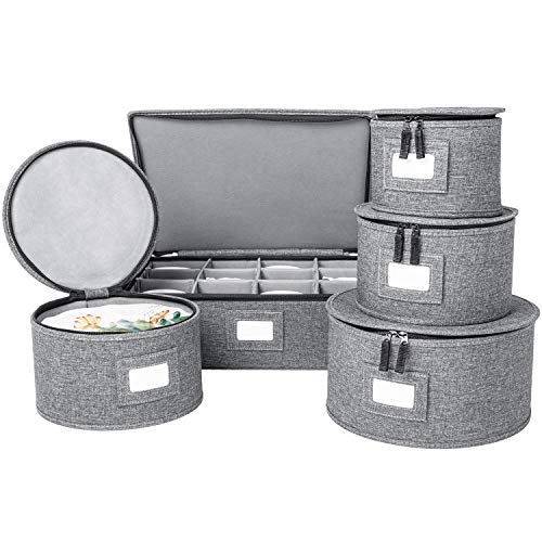 China Storage Set, Hard Shell and Stackable, for Dinnerware Storage and Transport, Protects Dishes Cups and Wine Glasses, Felt Plate Dividers Included (5 Piece Hard Shell Set for China Storage)