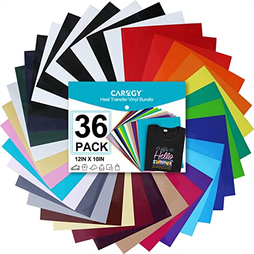 CAREGY Heat Transfer Vinyl for T-Shirts 12in.x10in. 36 Sheets-Iron On Vinyl HTV Bundle