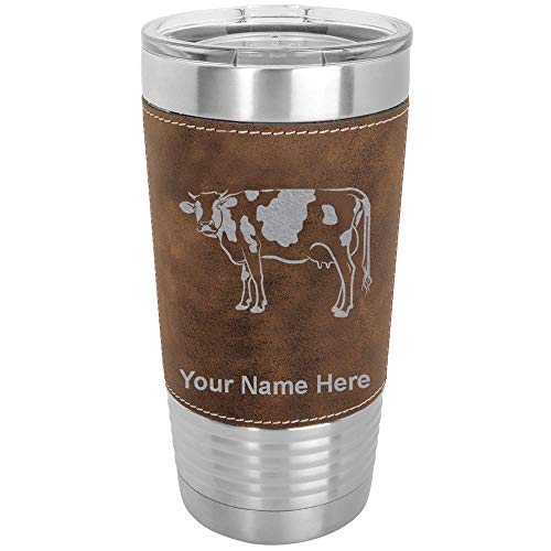 LaserGram 20oz Vacuum Insulated Tumbler Mug, Cow, Personalized Engraving Included (Faux Leather, Rustic)