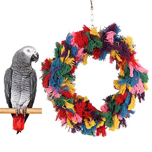 Bird Colorful Cotton Rope Hanging Ring Parrot Preening Grooming Chew Climb Biting Toy for African Grey Cockatoo Conure Parakeet