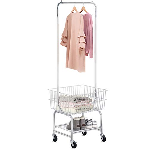 Topeakmart Wire Commercial Rolling Laundry Cart Bulter Garment Rack,Laundry Butler Storage Rack,w/Hanging Wire Rack Wash Basket/Bag Mesh Collapsible Racks on Wheels