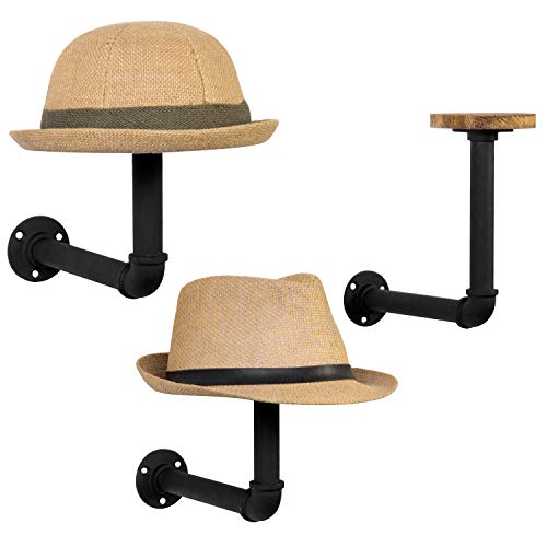 MyGift Wall Mounted Hat Rack Holder wih Realistic Black Metal Pipe and Brown Wood, Hanging Entryway Hat Hooks and Wig Holder Rack, Set of 3