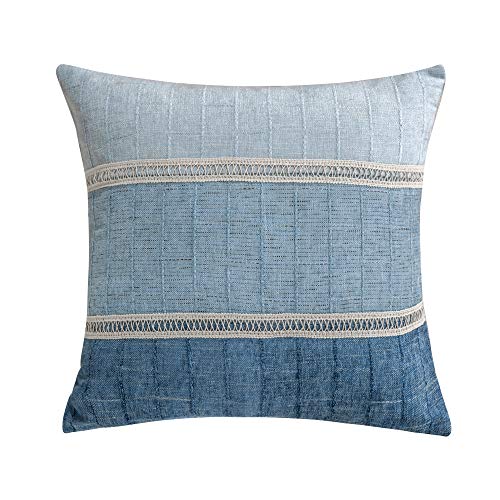 Levtex Home – Pickford Blue Chenille Pieced Applique Trim Pillow, Patchwork, Invisible Zipper, Blue