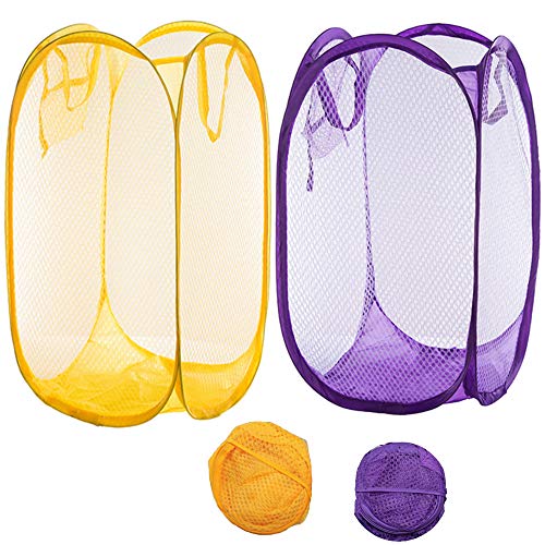 Qtopun Mesh Popup Laundry Hamper, Foldable 2 Pack Portable Dirty Clothes Basket Collapsible Dirty Clothes Hamper for Bedroom, Kids Room, College Dormitory and Travel (Yellow+Purple)