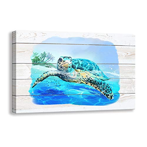 Kas Home Bathroom Canvas Wall Art, Sea Turtle Wall Decor Giclee Rustic Painting Ocean Beach Canvas Prints Framed Artwork for Living Room Bedroom Office (16 X 12 inch, Sea Turtle – B)