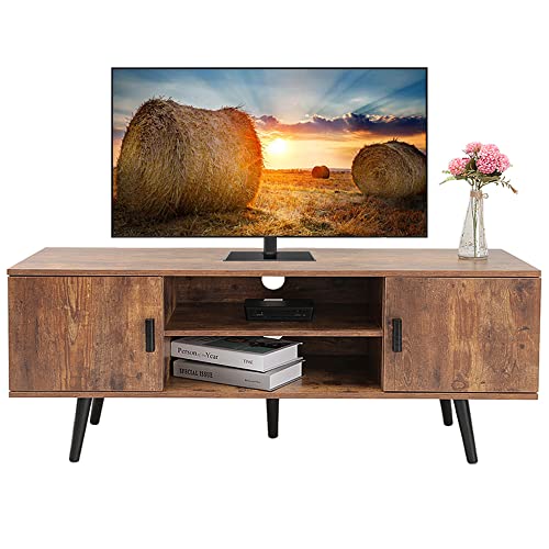 Iwell Mid-Century Modern TV Stand for 55 Inch TV, Entertainment Center TV Console with 2 Storage Cabinet and Shelves, TV Stand for Living Room/Bedroom, Rustic Brown