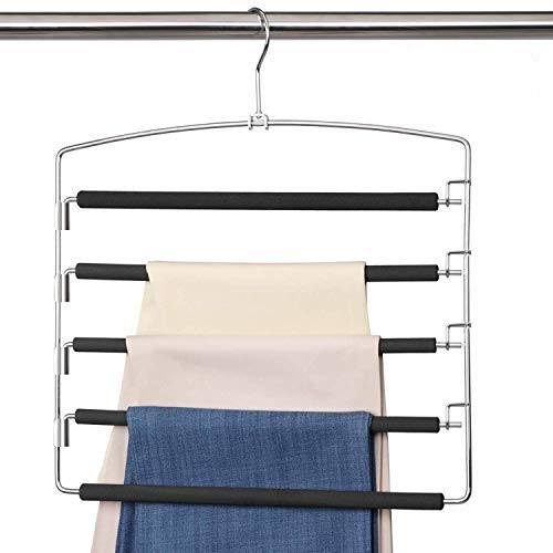Meetu Pants Hangers 5 Layers Stainless Steel Non-Slip Foam Padded Swing Arm Space Saving Clothes Slack Hangers Closet Storage Organizer for Pants Jeans Trousers Skirts Scarf Ties Towels (6 Pack)
