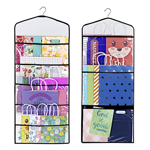 ProPik Hanging Double Sided Gift Bag Storage Organizer with Multiple Front and Back Pockets Organize Your Gift Wrap, Tissue Paper, and Paper Bags 38 x 16 Inch PVC (Black)
