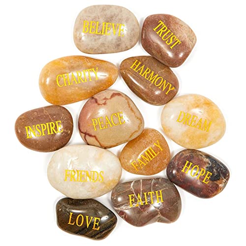 12-Pieces Inspirational Rocks with Words for Friends and Family, Christian-Inspired Engraved Motivational Stones for Religious Encouragement Gifts, Garden, Zen Home Decor