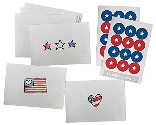 Patriotic American Greeting Cards Set – 24 Note Cards with Envelopes & Red White Blue Sticker Seals – Great for Thank You Cards