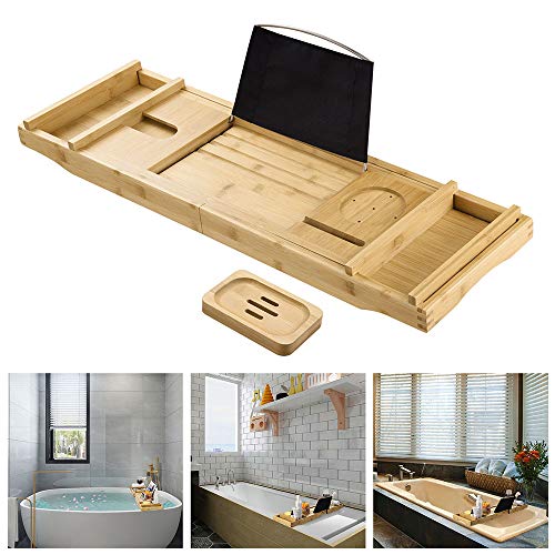 Bamboo Bathtub Caddy Tray, Compact Bathtub Table with Free Soap Dish, Serving Tray Organizer Phone Tablet Holder, Bamboo Organizer Tray for Bathroom, Suitable for Luxury Spa or Reading