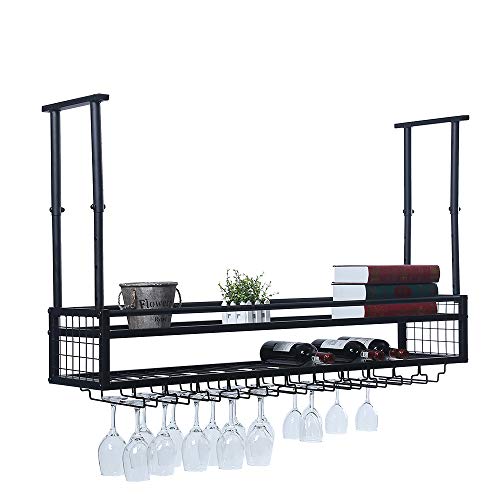 OLDRAINBOW Hanging Wine Rack with Glass Holder and Shelf,Adjustable Metal Ceiling Bar Wine Glass Rack,2-Layer Industrial Wall Mounted Wine and Glass Rack,47.2in Iron Bottle Holder Wine Shelf(Black)
