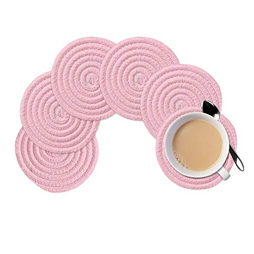 Gracelife 6pcs Cup Mat Pure Cotton Thread Weave Round Drink Hot Pads Mats Set Absorbent Scald-Proof Drink Coasters (Pink)
