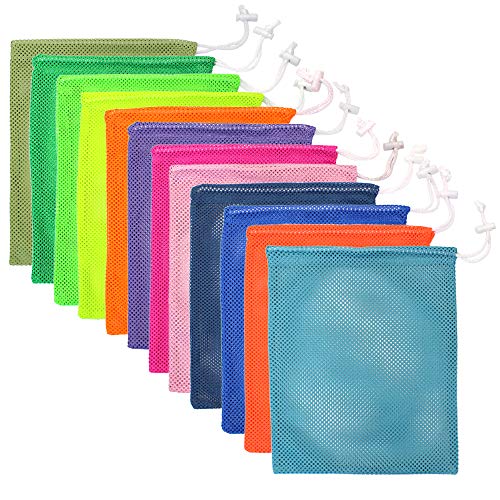 M-Aimee 12 Pieces Mesh Stuff Sack, Durable Nylon Mesh Drawstring Laundry Bag for Mesh Bags and Travel,12 Colors