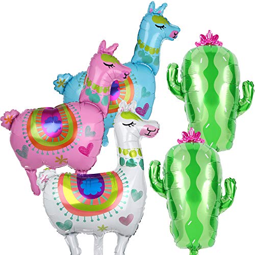 3 Pcs Llama Alpaca Foil Balloons and 2 Pcs Cactus Foil Balloons Mexican Fiesta Theme Party Decorations Birthday Baby Shower Decor Supplies
