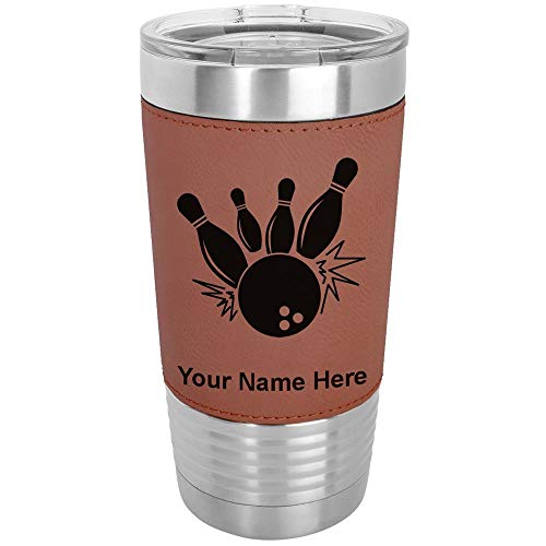 LaserGram 20oz Vacuum Insulated Tumbler Mug, Bowling Ball and Pins, Personalized Engraving Included (Faux Leather, Dark Brown)