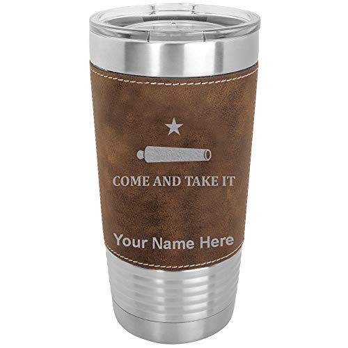 LaserGram 20oz Vacuum Insulated Tumbler Mug, Texas Come and Take It Flag, Personalized Engraving Included (Faux Leather, Rustic)