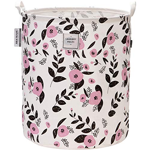 Sea Team 19.7″ x 15.7″ Large Sized Folding Cylindric Canvas Fabric Laundry Hamper Storage Basket with Floral Pattern, Pink & Black