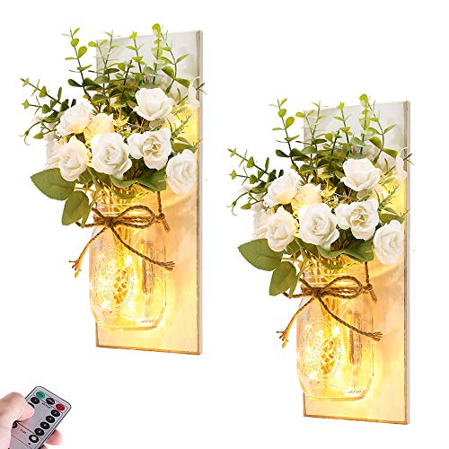 Rustic Wall Sconces Mason Jar Lights Handmade Wall Art Hanging Design with Remote Timer LED Fairy Lights and White Rose, Farmhouse Kitchen Decorations Wall Decor Living Room Sconces (Set of Two)