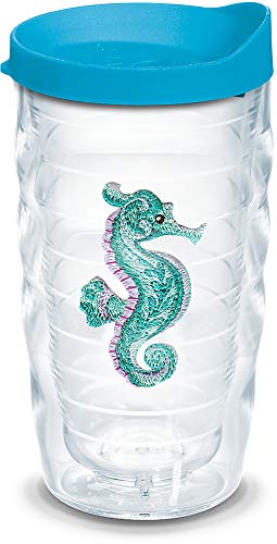 Tervis Purple Teal Seahorse Made in USA Double Walled Insulated Tumbler Travel Cup Keeps Drinks Cold & Hot, 10oz Wavy – Turquoise Lid, Clear