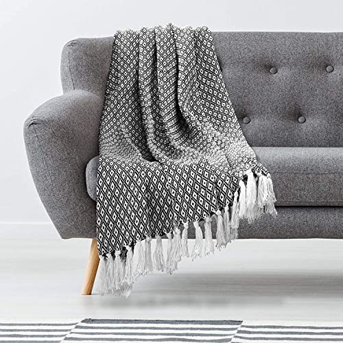 Throw Blanket for Couch in Black and White Mini Diamond 48″ x 60″ – All Seasons Lightweight Cozy Soft Blankets & Throws for Bed and Sofa – 100% Cotton with Fringe