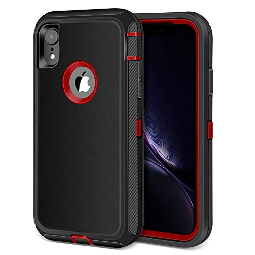Jiunai iPhone XR Cases, Heavy Duty Protective Bumper Drop Protection Sports Outdoor Dual Layer Armor Shockproof Rugged Matte Cover Case ONLY Compatible with iPhone 10 R XR 2018 6.1” Black Red