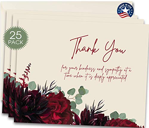 Funeral Thank You Cards – Sympathy Bereavement Thank You Cards With Envelopes – Message Inside (25, Red Floral)