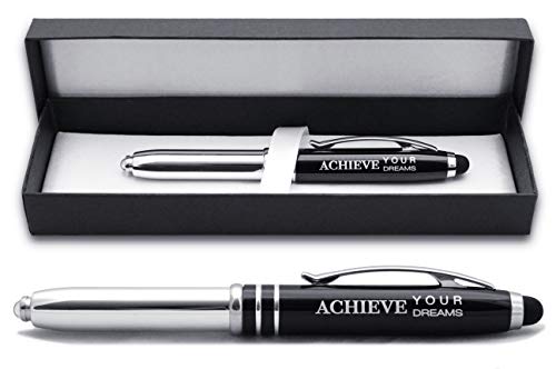 “Achieve Your Dreams” Engraved Ballpoint Gift Pen – LED Light and Stylus Tip – Inspirational Luxury Pen for Encouragement and to Congratulate Students, Graduates and Professionals on Achievements