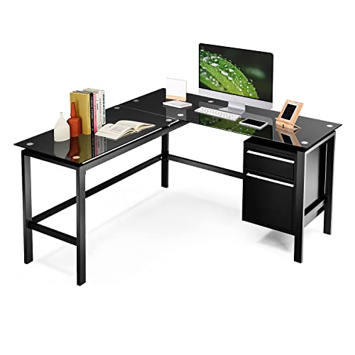 INTERGREAT Black L Shaped Computer Desk for Home Office, 56″ Large Glass L Desk with Storage Drawers, Corner Study Modern Table for Writing PC Laptop Gaming Workstation (Metal Steel)