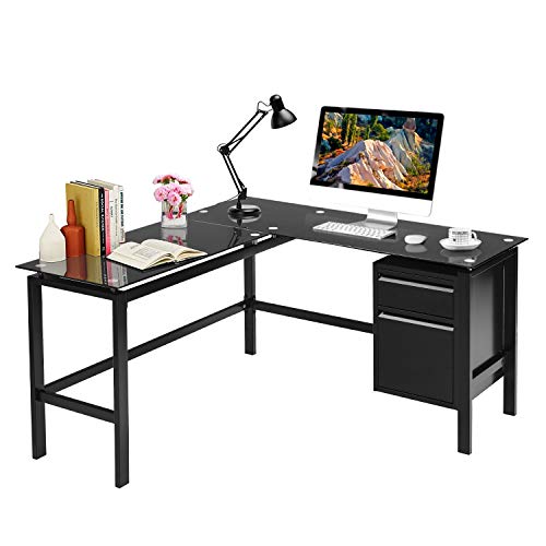 L Shaped Desk 56″ Computer Corner Desk, Home Gaming Desk with Storage Drawer Under Desk, Office Writing Workstation with Glass Desktop and Metal Frame, Space-Saving and Easy Assemble